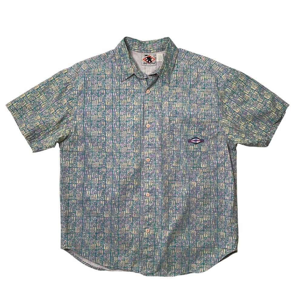 Vintage Gotcha Shirt Mens M Medium Cotton Abstract Geometric Tribal Button Up